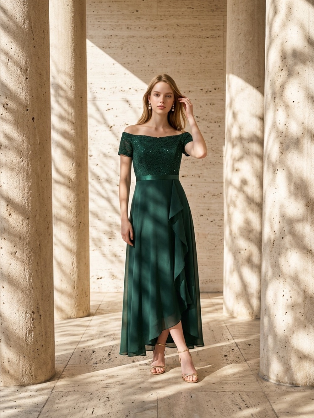 BeryLove Dark Green Sequin Lace Chiffon Ruffle Formal Cocktail Dress Small NWT